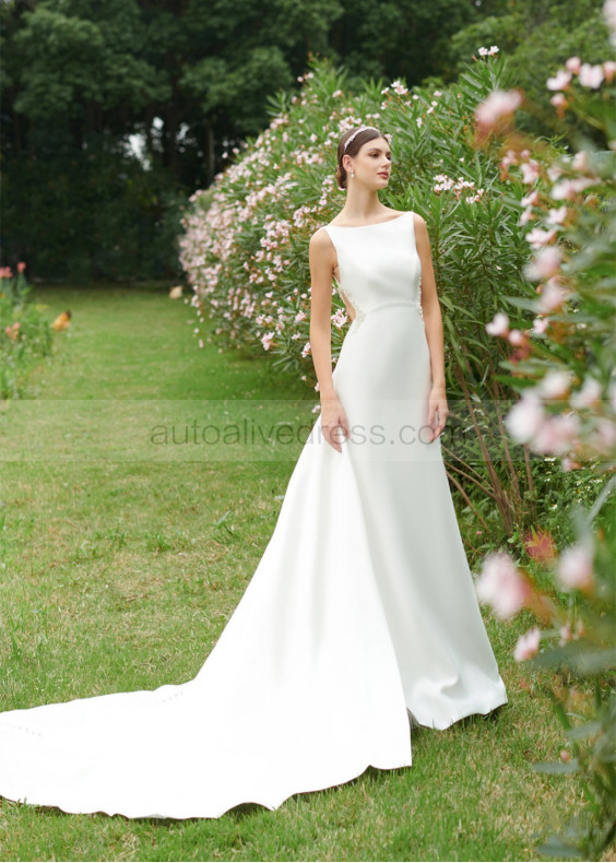 Beaded Bateau Neck Ivory Satin Cutout Wedding Dress